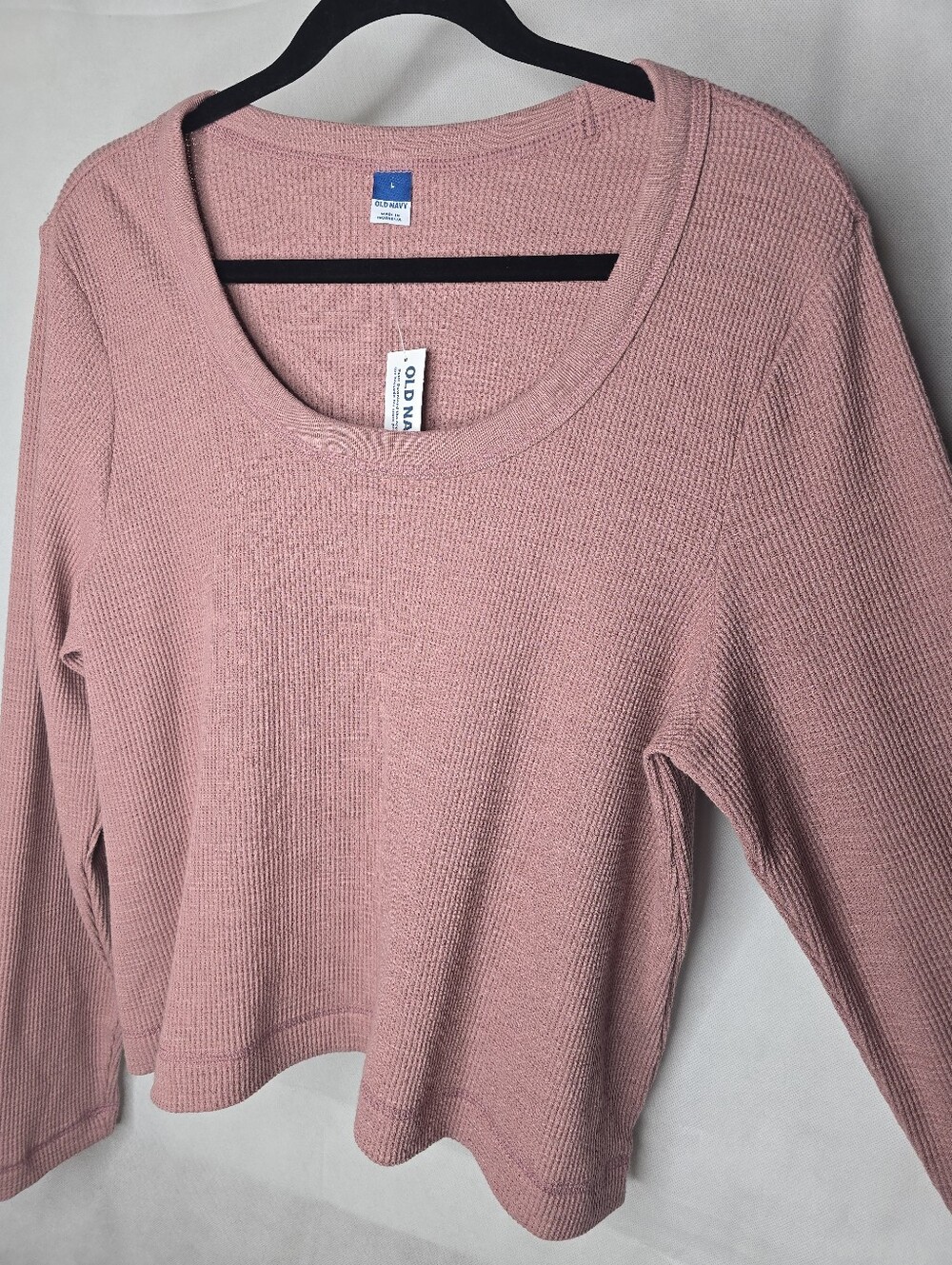 NWT Old Navy Waffle Knit Top Pink Scoop Neck Long Sleeve Cropped Relaxed L